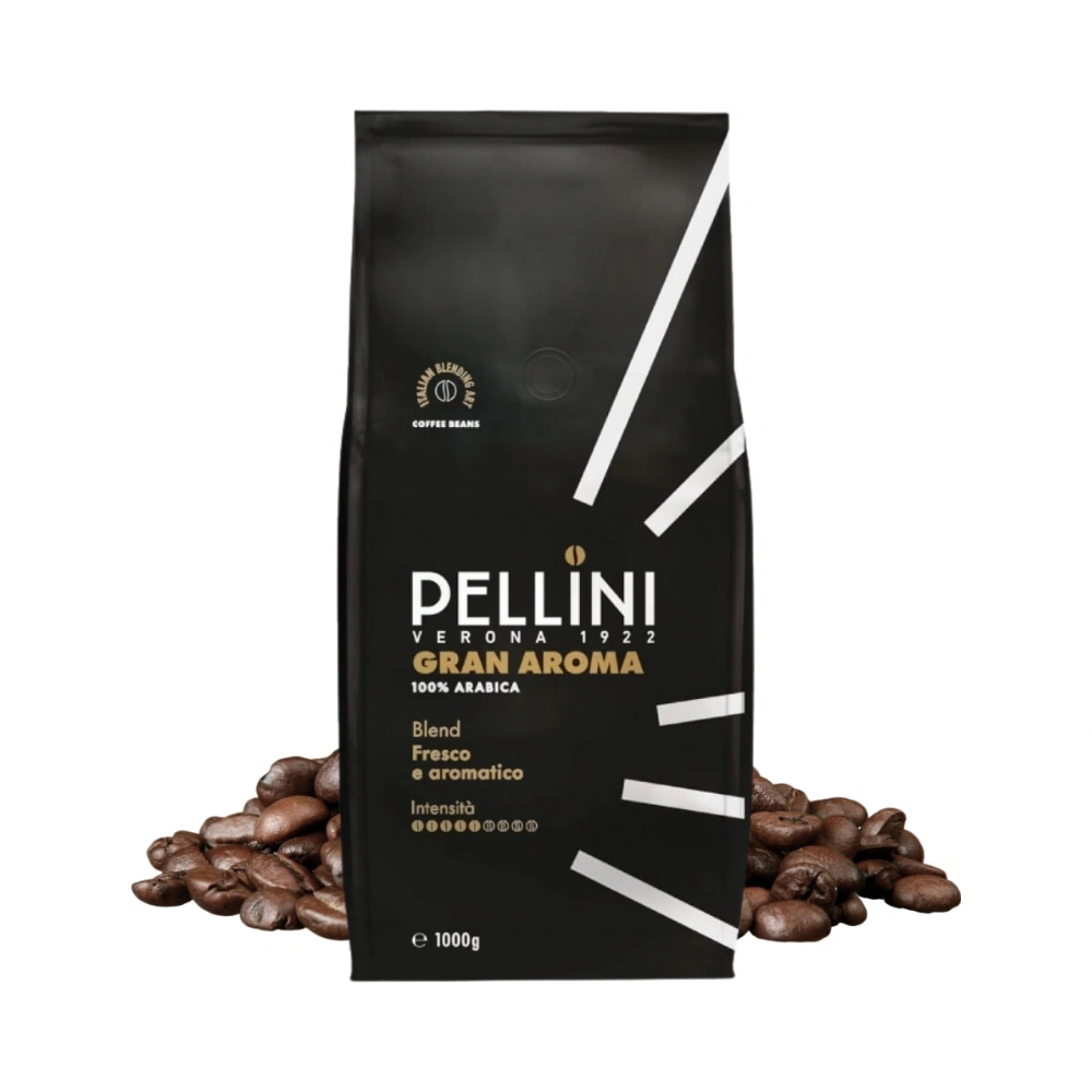 Pellini Gran Aroma Fresco 1kg - AVANZA - Coffee House Pellini Gran Aroma 100% Arabica coffee beans in a black 1kg bag with beans spilling at the base