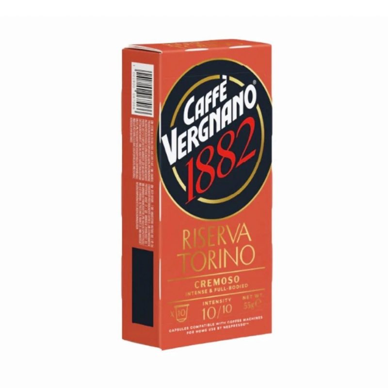 Orange packaging for Caffè Vergnano 1882 Riserva Torino crema coffee capsules for Nespresso machines, box shape image