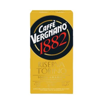 Caffè Vergnano 1882 Riserva Torino coffee capsules packaging (yellow box) showing brand logo 100% Arabica