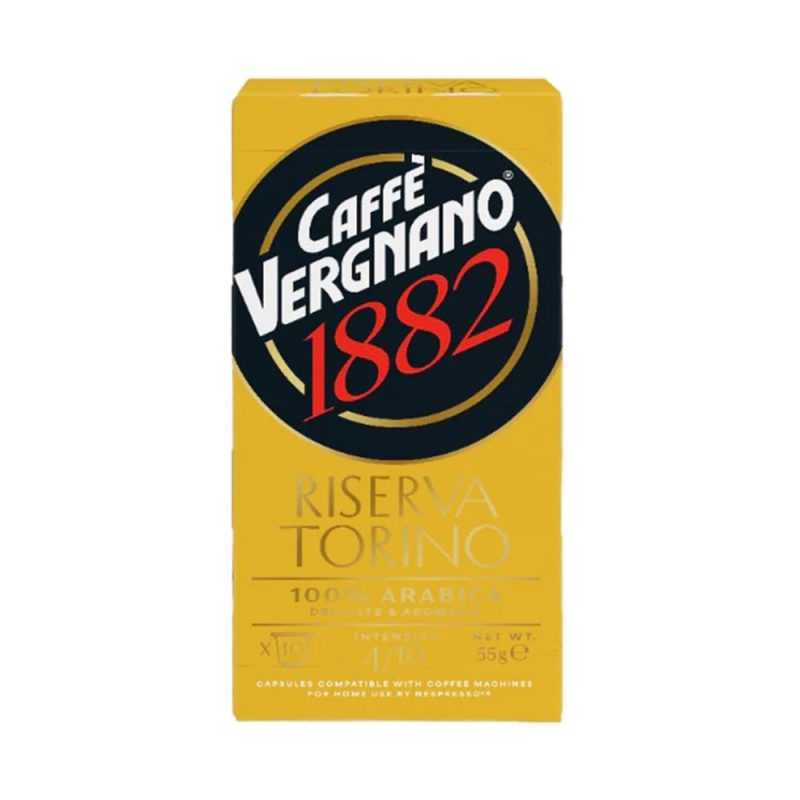Caffè Vergnano 1882 Riserva Torino coffee capsules packaging (yellow box) showing brand logo 100% Arabica