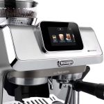 DeLonghi La Specialista espresso machine with a touchscreen showing coffee options (Espresso, Cappuccino, Cold Brew, Americano).
