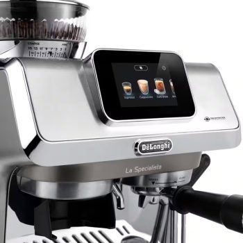 DeLonghi La Specialista espresso machine with a touchscreen showing coffee options (Espresso, Cappuccino, Cold Brew, Americano).