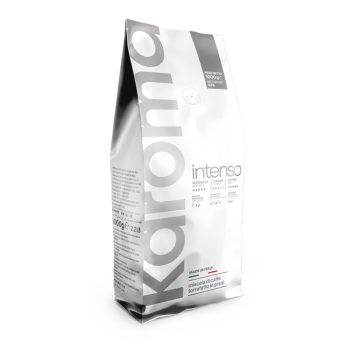 Bag of coffee beans with 'intenso' branding on tall white/grey packaging, Italian-made, 1000 g