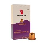Box of Hausbrandt Intenso coffee capsules with one capsule outside, beige and purple packaging