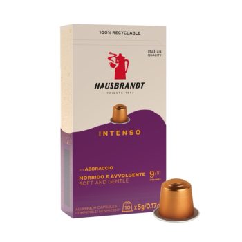 Box of Hausbrandt Intenso coffee capsules with one capsule outside, beige and purple packaging