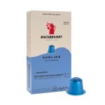 Package of Hausbrandt Sublime coffee capsules, 100% Arabica, blue and beige box with a blue capsule beside it