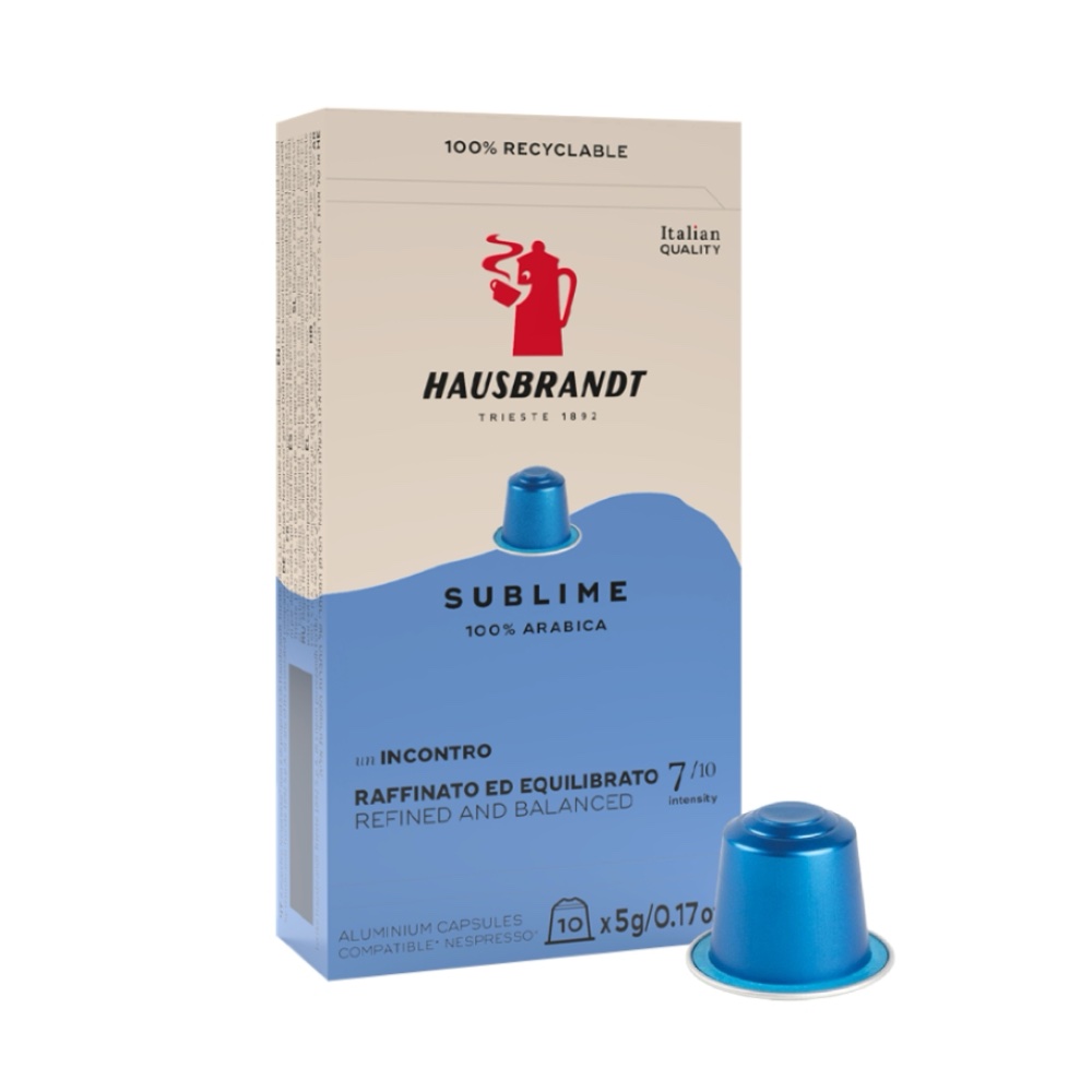 untitled-design-6-2 - AVANZA - Coffee House Package of Hausbrandt Sublime coffee capsules, 100% Arabica, blue and beige box with a blue capsule beside it