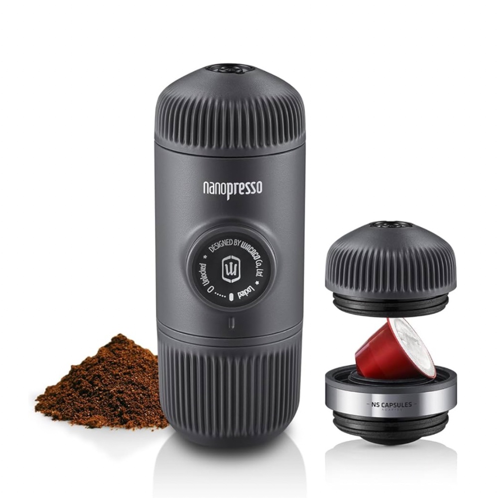 untitled-design-26 - AVANZA - Coffee House Nanopresso portable espresso maker with ground coffee to the side and an open capsule pod next to it on a white background.
