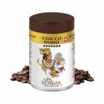 Jar of Chicco Doro Indonesia coffee with a dark brown lid, surrounded by roasted coffee beans on a white background.