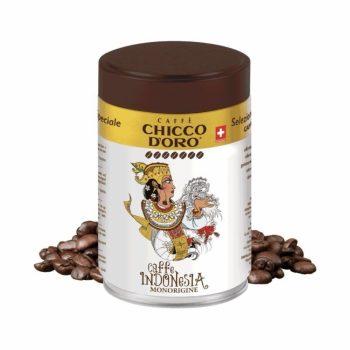 Jar of Chicco Doro Indonesia coffee with a dark brown lid, surrounded by roasted coffee beans on a white background.