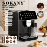 Sokany 6-in-1 fully automatic coffee maker with 1.5L water tank, 20 bar pressure and 1350W power; auto-cleaning feature shown on the panel.
