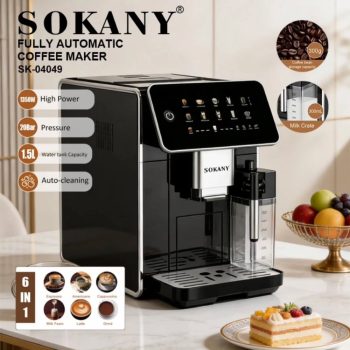 Sokany 6-in-1 fully automatic coffee maker with 1.5L water tank, 20 bar pressure and 1350W power; auto-cleaning feature shown on the panel.