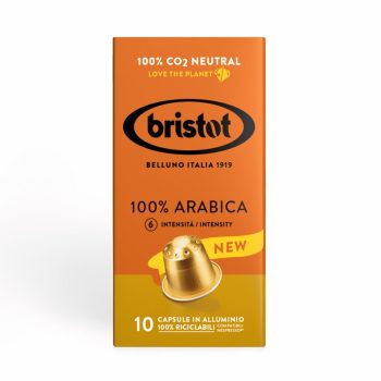 Orange Bristot coffee capsule box: 10 capsules, 100% Arabica, new gold capsule graphic, emphasizes sustainability and Italian brand.”] ,