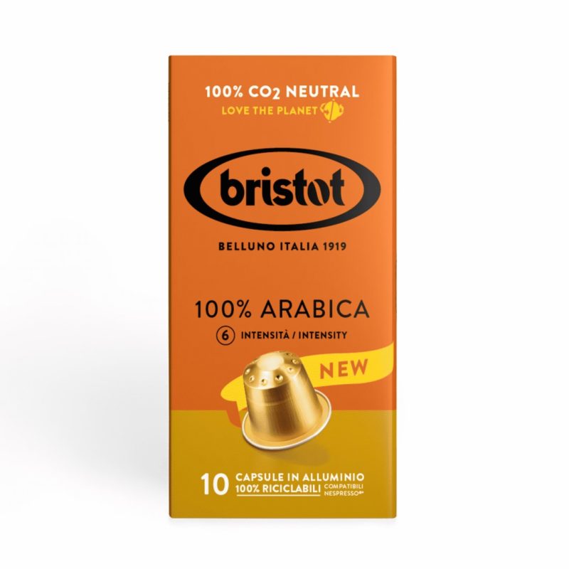 Orange Bristot coffee capsule box: 10 capsules, 100% Arabica, new gold capsule graphic, emphasizes sustainability and Italian brand.”] ,