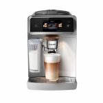 Philips automatic coffee machine with milk frother and a glass of layered latte on the drip tray, front view.