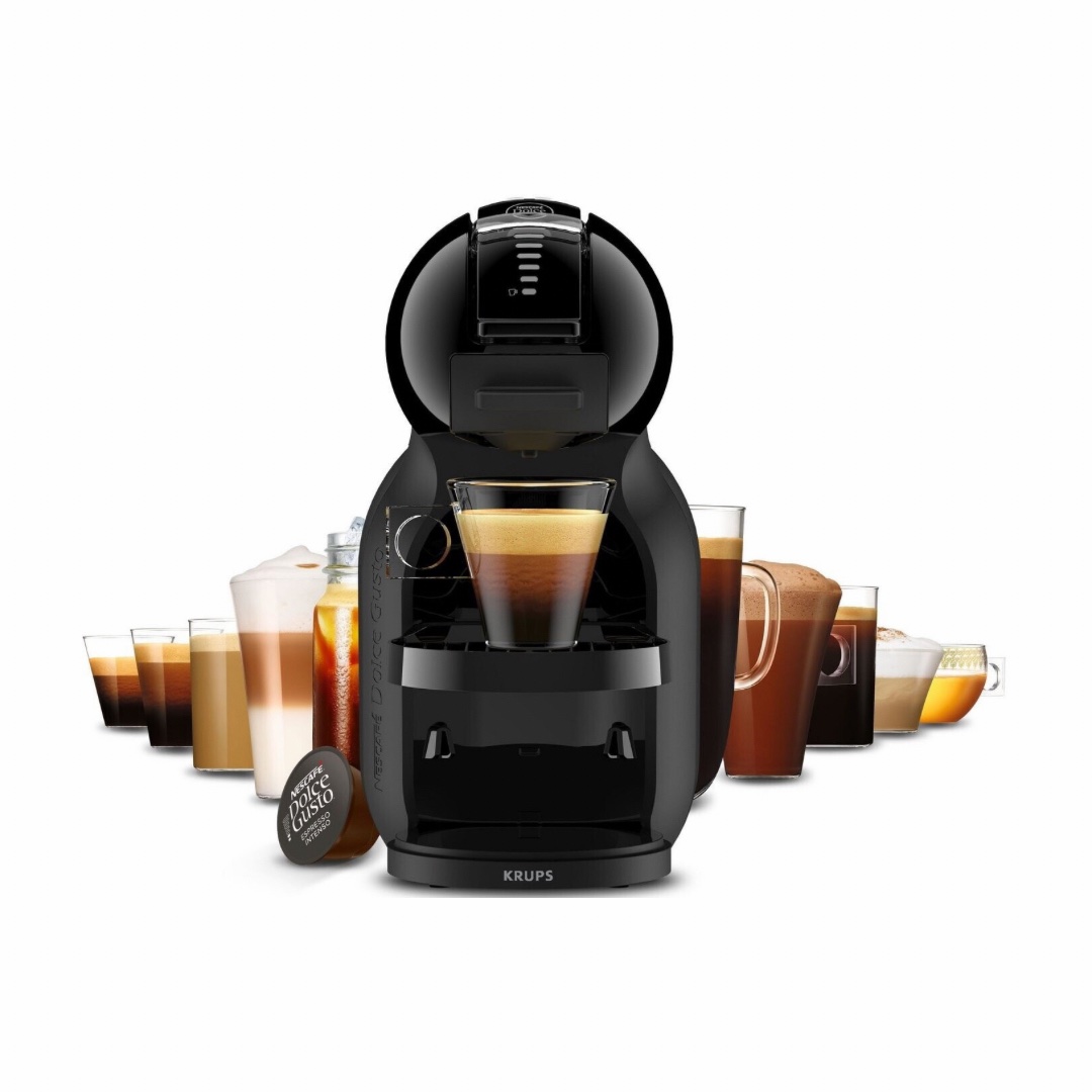 copy-of-blue-beige-coffee-promotion-instagram-story-3 - AVANZA - Coffee House Krups compact black coffee machine with an espresso in the cup, surrounded by assorted coffee cups and capsules.
